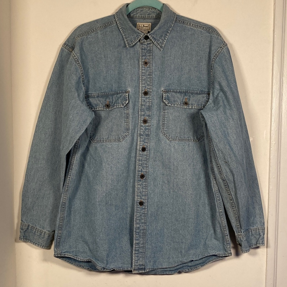 VTG LL Bean Mens Denim Workshirt Shacket Button Up Sz MD Rugged Chore Heritage